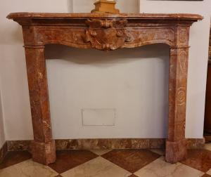 Antique fireplace with breccia marble coat of arms
